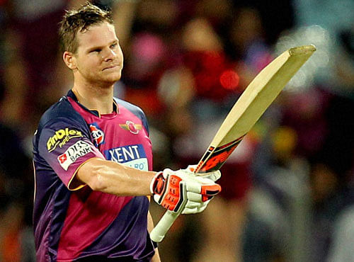 Steve Smith of Rising Pune Supergiants celebrates his century during an IPL match against Gujarat Lions in Pune on Friday. PTI Photo