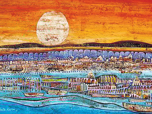 On canvas, colours from a global palette