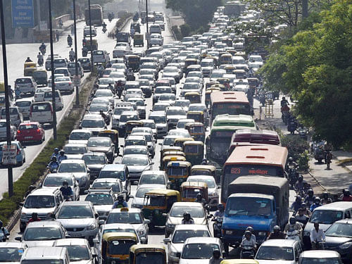 A view of heavy traffic jam at ITO in New Delhi on Monday. PTI Photo
