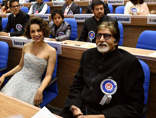 Winner of Best Actor award Amitabh Bachchan and Best Actress award Kangna Ranaut at the 63rd National Film Awards 2015 function in New Delhi on Tuesday. PTI Photo