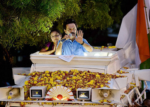 DMK Treasurer M K Stalin campaigns at Thiyagarayanagar Constituency for party candidate S N Kanimozhi, in Chennai on Wednesday. PTI Photo