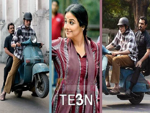 The actress learnt how to drive for her role and says filmmaker Sujoy Ghosh, who is the creative producer in 'Te3n', was her driving instructor. Movie poster.