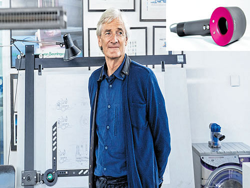 Sir James Dyson in his office at the company's headquarters in Malmesbury, England. His latest product is the Supersonic (inset), a redesigned hair dryer. Its motor is smaller and quieter than conventional hair dryers and is mounted in the base, which Dyson hails as a major ergonomic improvement. NYT
