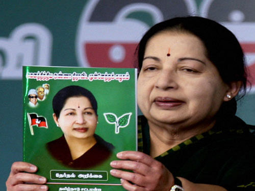 Releasing the party's manifesto, AIADMK general secretary and Tamil Nadu Chief Minister J Jayalalithaa also promised free electricity up to 100 units for all households. 'This would benefit 78 lakh people,' Jayalalithaa said. PTI photo