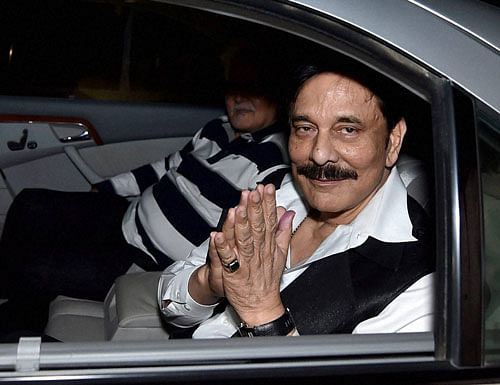 Sahara chief Subrata Roy, in prison in Delhi since March 2014, at Lucknow airport on Friday after being allowed to leave prison for four weeks for the funeral of his mother Chhabi Roy, who died this morning. PTI Photo