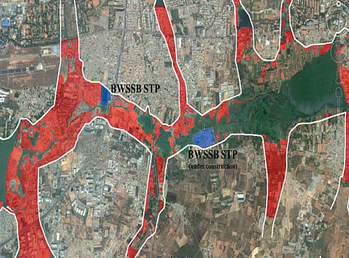 Valley zone linking Bellandur with Varthur lake. Red areas are encroached