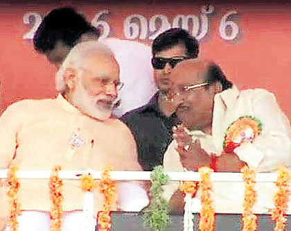 Vellappally Natesan (right) with Prime Minister Narendra Modi at a rally in Palakkad. courtesy Facebook