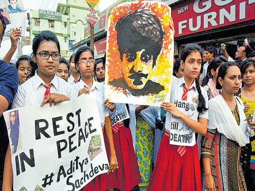 Students protest demanding justice for road rage victim Aditya Sachdeva in Gaya on Tuesday. PTI