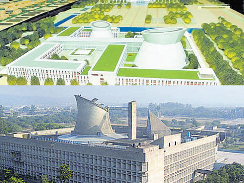 The Amaravati model (top) faced flak for its similarities to the Assembly building of Chandigarh (below).