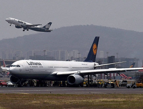 Lufthansa flight LH764 from Munich stuck at the airport as the main runway was closed due to a tyre burst of an aircraft, in Mumbai on Saturday. PTI Photo