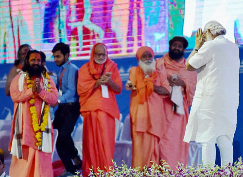 Prime Minister Narendra Modi at the valedictory function of International Vichar Maha Kumbh during Simhastha Maha Kumbh Mela at Ninora village in Ujjain on Saturday. PTI Photo