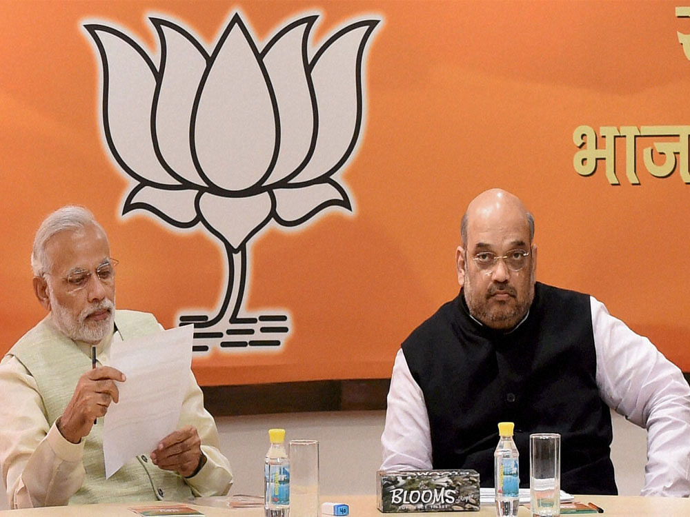'BJP's performance in assembly polls is in a way people's stamp on performance of Modi government in the last two years. Poll results show that a strong foundation of BJP has been laid for ensuring victory in 2019 Lok Sabha polls. The verdict is a lesson for Congress for its obstructionist politics in Parliament,' BJP President Amit Shah said at a press conference here. PTI file photo