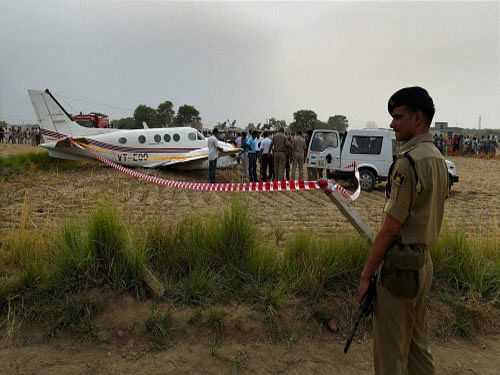 The air ambulance coming from Patna with a patient, who had suffered a brain stroke, and six others on board crash landed in Najafgarh area in south-west Delhi after both its engines shut down one after the other but all passengers escaped unhurt. PTI photo