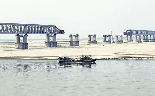The under-construction Bogibeel Bridge across the Brahmaputra in the Dibrugarh district of Assam. The project has been going on for the last 15 years and has missed several deadlines. Photo/ Luit Chaliha