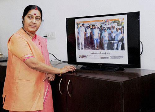 Union Minister for External Affairs Sushma Swaraj launching the PMO India Multi-Lingual website, in New Delhi on Sunday. PTI Photo
