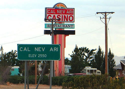 The town Cal-Nev-Ari, about 130 km south of Las Vegas, has been put on sale by Nancy Kidwell. She and her first husband, Slim, named the town for the three states that intersect nearby (California, Nevada and Arizona). Photo courtesy: Twitter