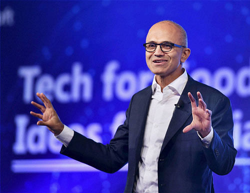 Microsoft CEO Satya Nadella delivering keynote address at the company's 'Tech For Good, Ideas for India' event in New Delhi on Monday. PTI Photo