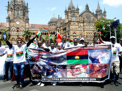 People from Biafra State (Nigeria) holding a protest for the release of their leader Nnamdi Kanu who is in a Nigerian prison since October, 2015, in Mumbai on Monday. PTI Photo