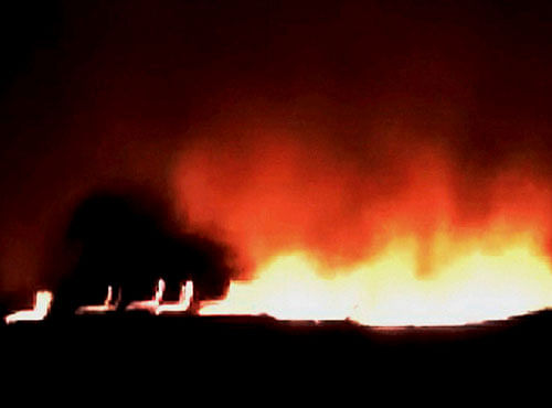A major fire breaks out at central ammunition depot in Pulgaon district of Maharashtra on Tuesday. PTI Photo