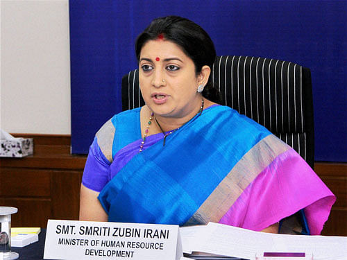 Union Minister for Human Resource Development Smriti Irani addresses during the digital launch of the projects under Rashtriya Uchchatar Shiksha Abhiyan (RUSA) in New Delhi on Friday. PTI Photo.