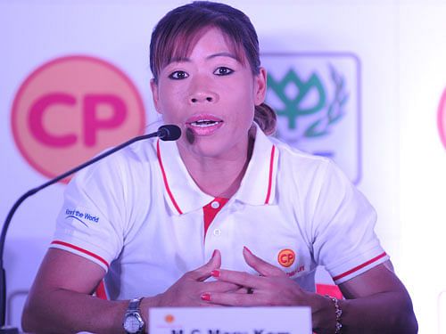 Boxer M C Mary Kom addressing a press conference in Bengaluru on Tuesday. DH Photo.