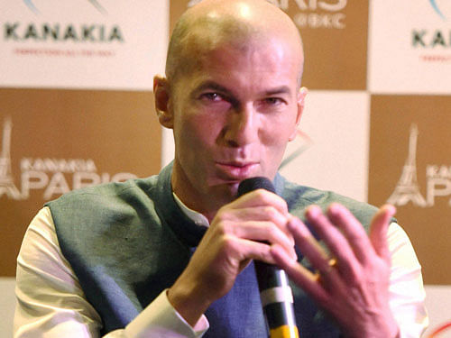 French footballer Zinedine Zidane speaks during a press conference where he was announced brand ambassador of Kanakia group in Mumbai on Friday. PTI Photo