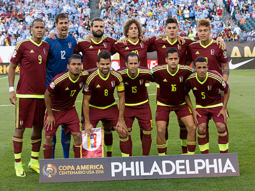 Venezuela's starting lineup in a game against Uruguay in the 2016 Copa America Centenario at Lincoln Financial Field. Venezuela won 1-0.  Reuters Photo.