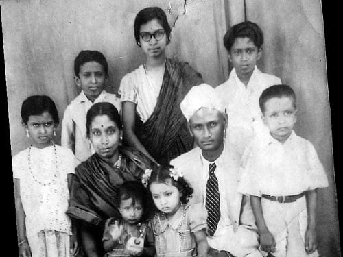 (Back row, from left) Sriranga, the author, Susheela and Rajan. (Front row)  Yedugiri, Sumana, Srimathi, N Singlachar and Venkatesh.