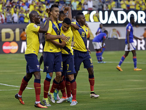 Ecuador midfielder Cristian Noboa celebrates with teammates after scoring his teams third goal against Haiti during a group stage of the 2016 Copa America Centenario at MetLife Stadium. Reuters photo