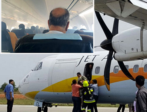 Smoke engulfs a Mangaluru-bound Jet Airways aircraft  cabin; (right) passengers being evacuated from the plane  after it made an emergency landing at Kempegowda International Airport in Bengaluru on Wednesday.  Photos by Special arrangement