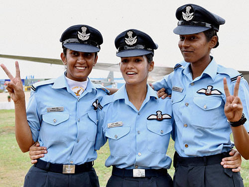 Women fighter pilots Avani Chaturvedi, Bhavana Kanth and Mohana Singh who were inducted for the first time in the Indian Air Force pose for photograph during their Combined Graduation Parade at Air Force Academy in Hyderabad on on Saturday. PTI Photo
