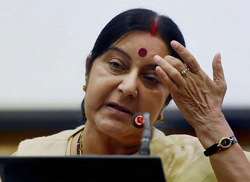 External Affairs Minister Sushma Swaraj addresses a press conference in New Delhi on Sunday. PTI Photo