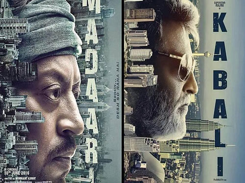 Both the posters see the faces of the lead actors, Irrfan and Rajinikanth, with numerous buildings and skyscrapers standing horizontally on their faces. Image courtesy Twitter.