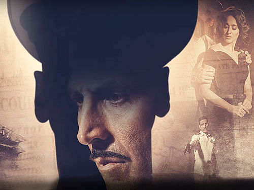 'Rustom'is the real life story of a Naval Officer Rustom Pavri (Kumar), his marriage with English-born wife (Ileana D'Cruz), the discovery of her affair with a family friend and the subsequent shooting of the lover. Movie poster.