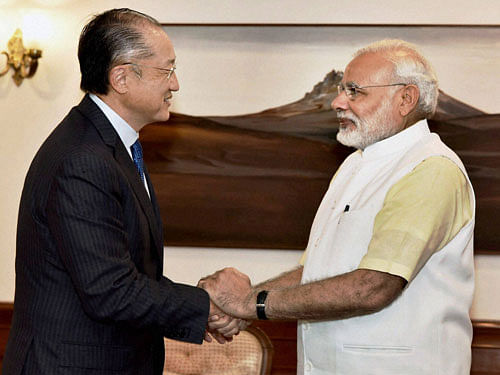 Prime Minister Narendra Modi with World Bank President Jim Yong Kim in a meeting in New Delhi on Thursday. PTI