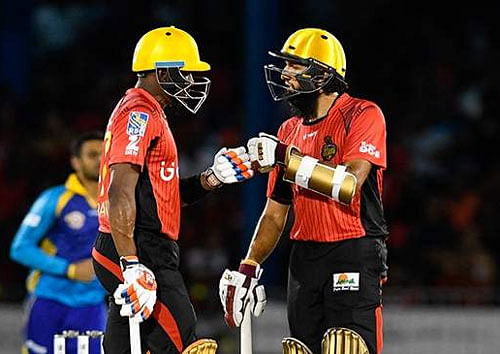 The pair put on their match-winning partnership in 92 balls for the Trinbago Knight Riders against the Barbados Tridents at Queen's Park Oval. Image courtesy; Twitter