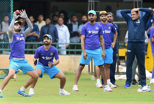 Captain Virat Kohli, Ajinkiya Rahane, K L Rahul, Shikhar Dhawan and Head Coach Anil Kumble during the preparatory camp ahead of West Indies tour at National Cricket Academy ground in Bengaluru on Friday. PTI Photo