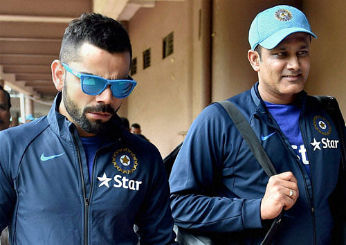 Indian Cricket Test Captain Virat Kohli and Head Coach Anil Kumble on the first day of the preperatory camp ahead of the West Indies series, in Bengaluru on Wednesday. PTI File Photo