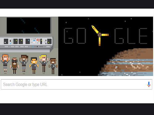 The doodle is an animated image shows a pixelated version of NASA's ground crew jumping for joy as Juno.
