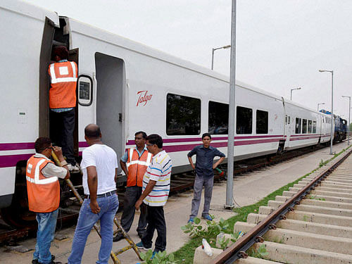 Spanish train Talgo ready for a trial run on Mathura-Palwal route, in Mathura on Friday. PTI Photo