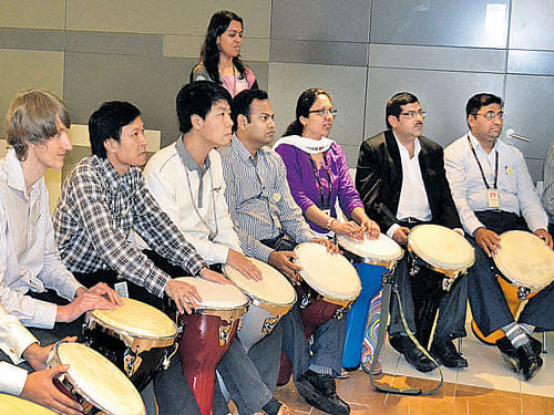 BONDING&#8200;BEATS A drum circle like this is often organised  by corporates to bring about synergy during leadership trainings and team-building exercises. The Indian cricket team unwound its preparatory camp for the West Indies tour, in Bengaluru recently, with a similar drum circle. DH File photo.