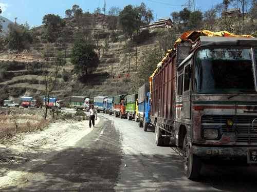 Thousands of trucks carrying essential commodities were stranded at the Assam-Agartala National Highway at Lowerpoa in Karimganj district of Assam for about three months forcing the Tripura government to impose rationing on sale of petrol and diesel. PTI File Photo