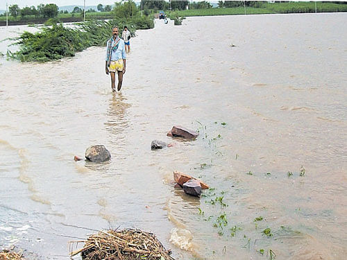 The Kankanavadi-Jamkhandi road is under water in Jamkhandi taluk of Bagalkot district, following floods in the River Krishna on Sunday. DH photo