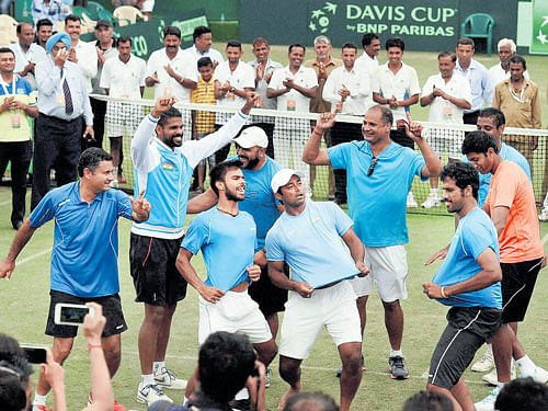 party time: The Indian team breaks into a jig for a Bollywood number post their win over South Korea on Sunday. pti