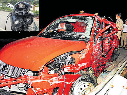 Mangled remains of the two cars which were involved in an accident on Nice Road  on Sunday. dh photo