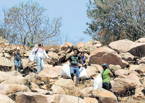 hard work The members of 'Bangalore Trekking Club' cleaning up Makalidurga.