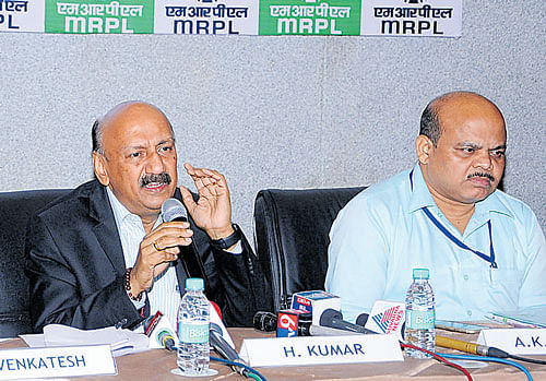 Mangalore Refinery and Petrochemicals Limited Managing Director H&#8200;Kumar at a press conference in Mangaluru on Monday.  A K Sahu, Director (Finance), looks on.