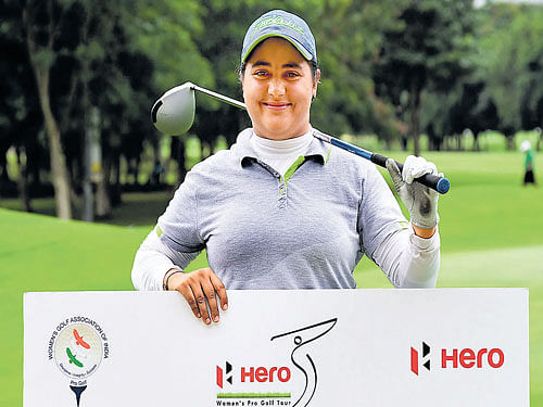 CHAMP Panchkula's Amandeep Drall after winning the Hero-KGA Women's Pro Golf Championship in Bengaluru on Friday. DH PHOTO