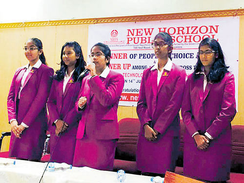 Nidhi Nair, Aanchal Agarwal, Suchrithaa Rajkumar, Vidhi Kothari and Anushka P Nair, class 9 students of the New Horizon Public School, Indiranagar, who won the second place in the middle school category at the Technovation  Challenge 2016 held in San Francisco last week.