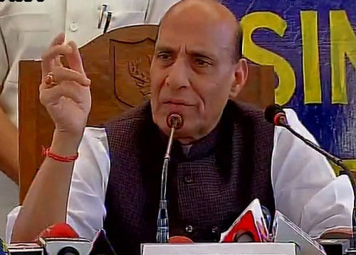 Sending a strong message to Pakistan, Rajnath also said the neighbouring country should change its attitude and approach towards Kashmir. Photo courtesy: ANI/Twitter